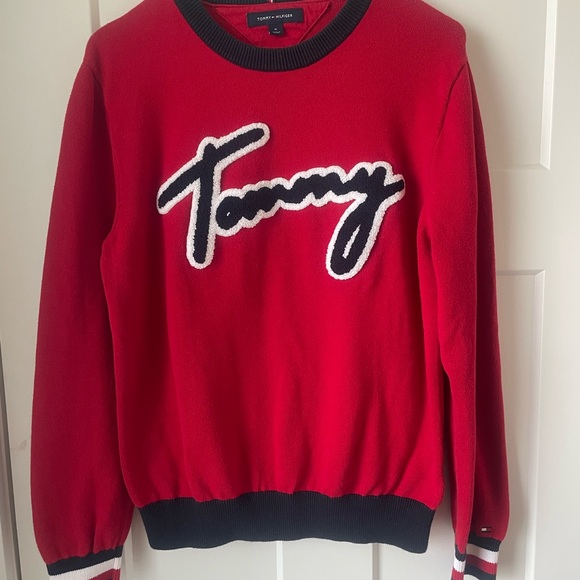 Tommy Hilfiger Red Logo Crewneck Sweater Relaxed Fit M - Picture 2 of 8